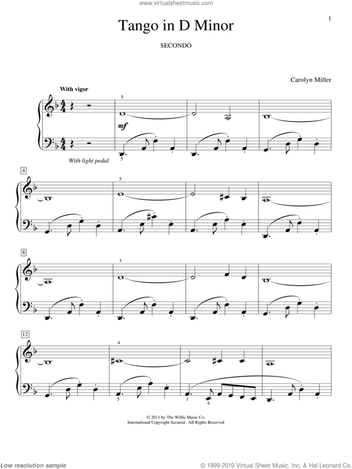 Tango In D Minor sheet music for piano four hands by Carolyn Miller, intermediate skill level