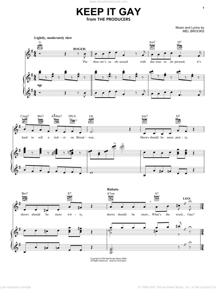 Keep It Gay sheet music for voice, piano or guitar by Mel Brooks and The Producers (Musical), intermediate skill level
