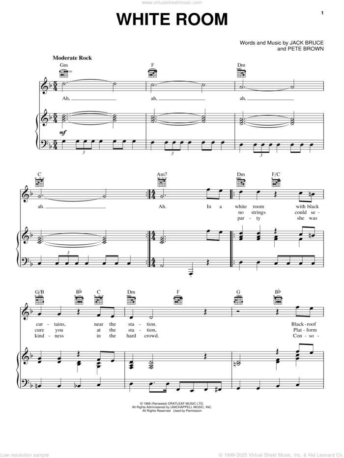 White Room sheet music for voice, piano or guitar by Cream, Jack Bruce and Pete Brown, intermediate skill level