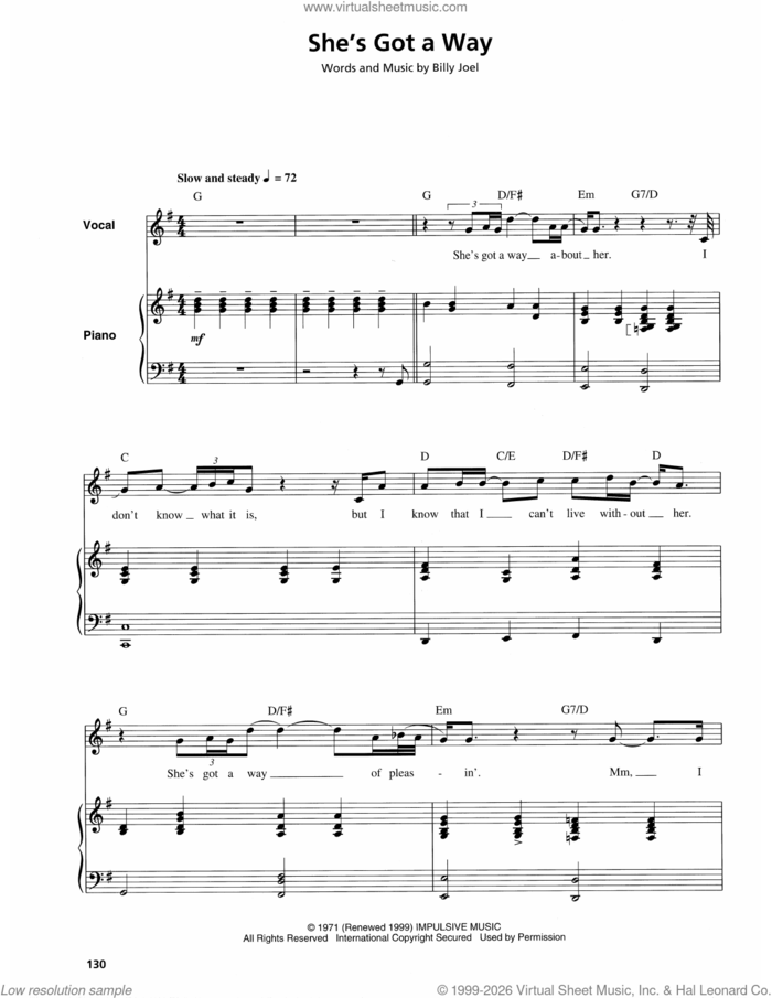 She's Got A Way sheet music for keyboard or piano by Billy Joel, intermediate skill level