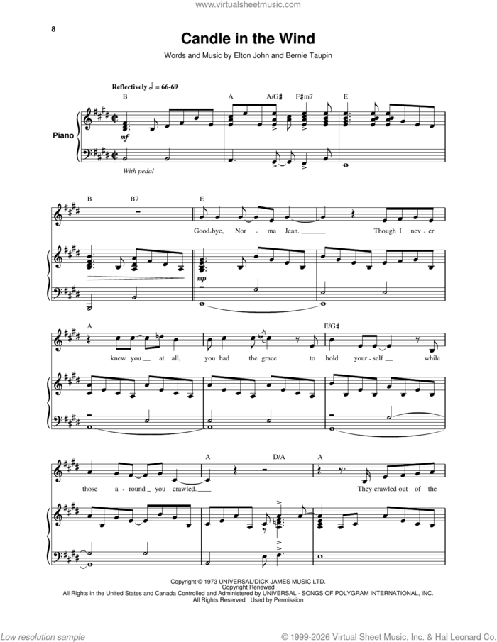 Candle In The Wind sheet music for keyboard or piano by Elton John and Bernie Taupin, intermediate skill level
