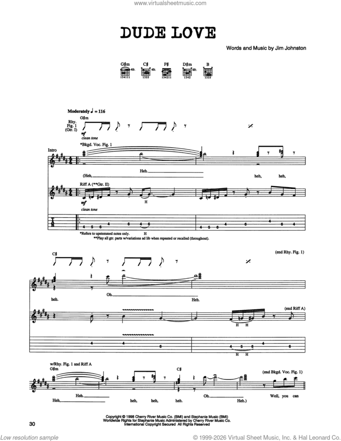 Dude Love sheet music for guitar (tablature) by Jim Johnston, intermediate skill level