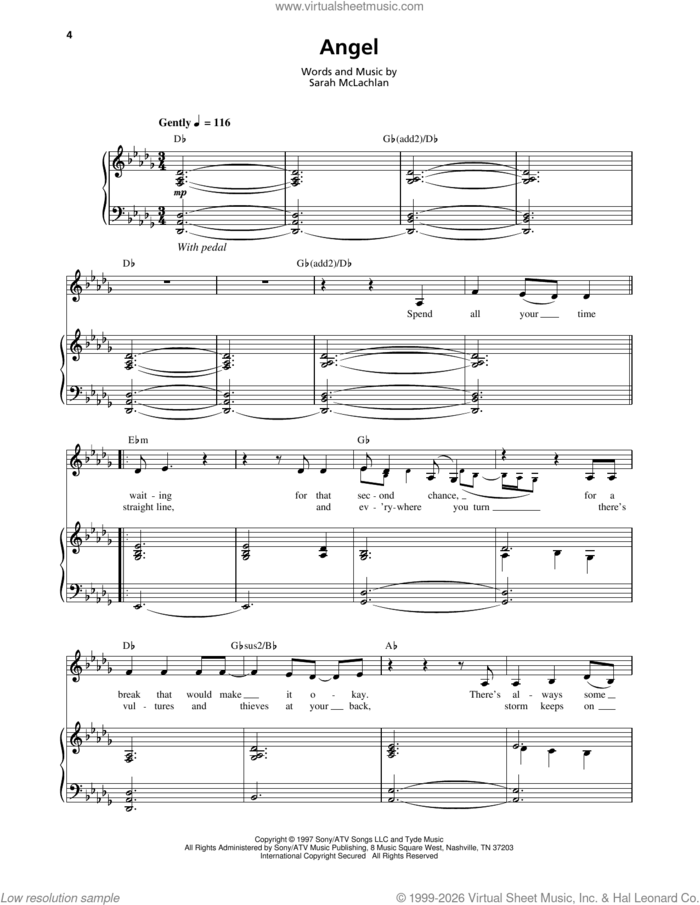 Angel sheet music for keyboard or piano by Sarah McLachlan, intermediate skill level