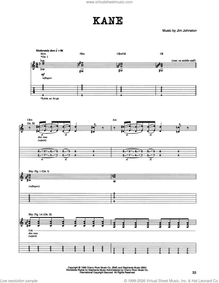 Kane sheet music for guitar (tablature) by Jim Johnston, intermediate skill level