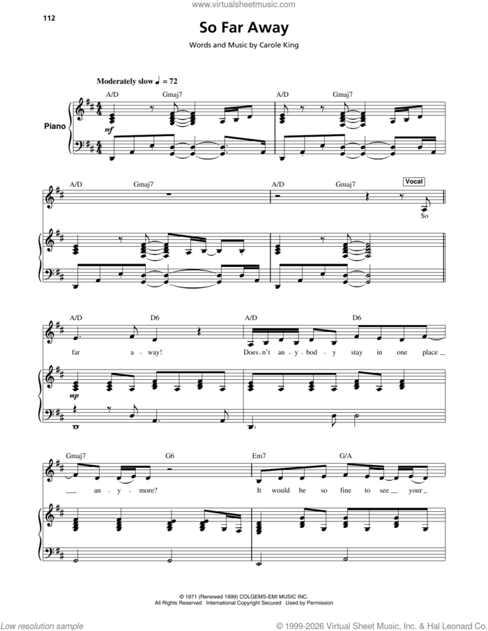 So Far Away sheet music for keyboard or piano by Carole King, intermediate skill level