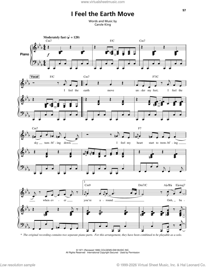 I Feel The Earth Move sheet music for keyboard or piano by Carole King, intermediate skill level
