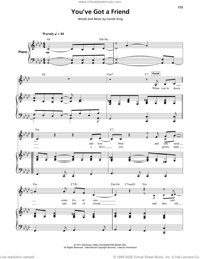 You've Got A Friend sheet music for keyboard or piano by Carole King, intermediate skill level