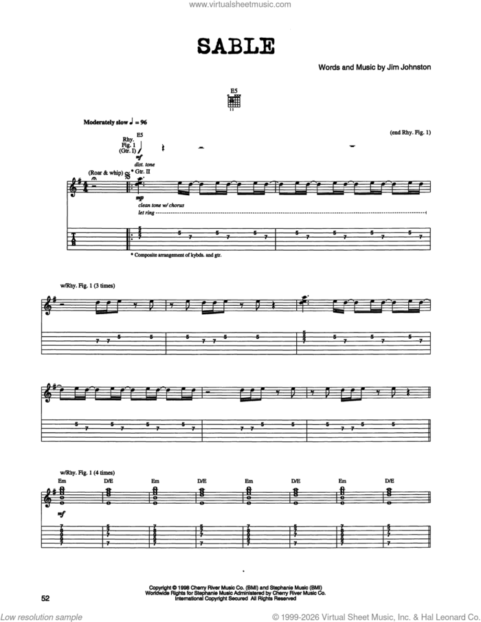 Sable sheet music for guitar (tablature) by Jim Johnston, intermediate skill level