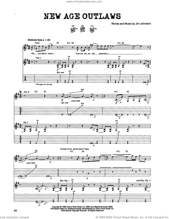 New Age Outlaws sheet music for guitar (tablature) by Jim Johnston, intermediate skill level