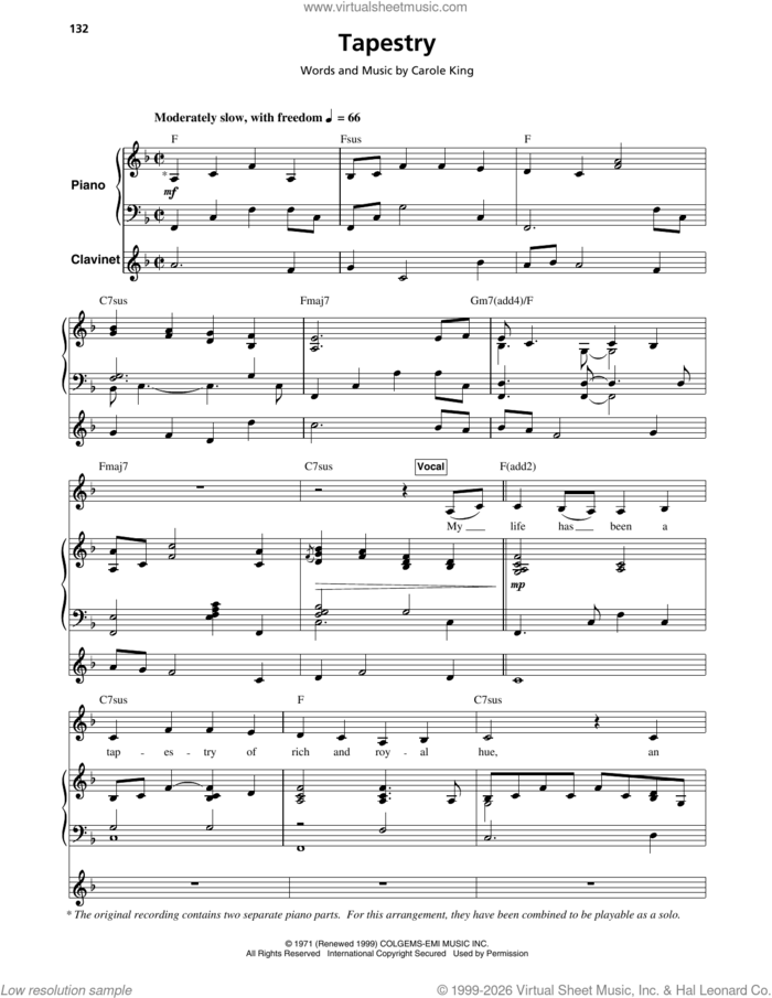 Tapestry sheet music for keyboard or piano by Carole King, intermediate skill level