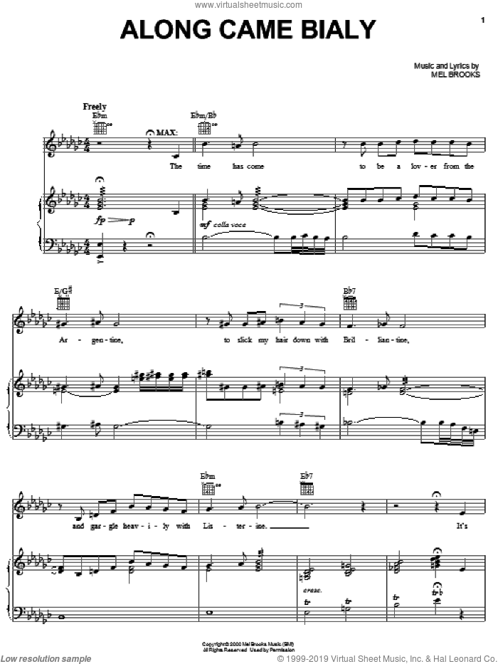 Along Came Bialy sheet music for voice, piano or guitar by Mel Brooks and The Producers (Musical), intermediate skill level