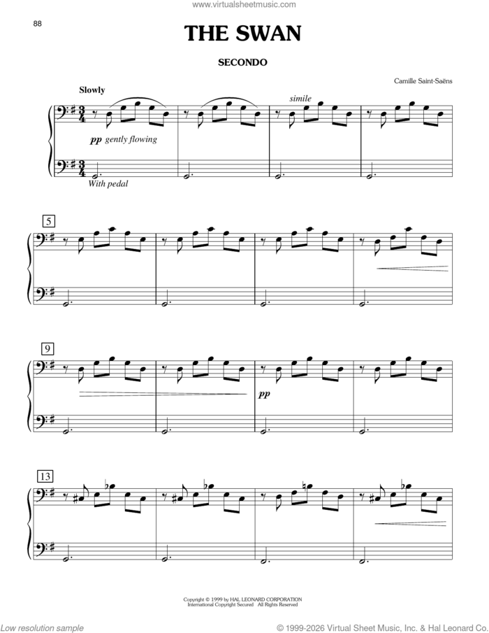 The Swan (Le Cygne) sheet music for piano four hands by Camille Saint-Saens, classical score, intermediate skill level