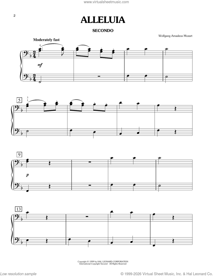 Alleluia, K. 165 sheet music for piano four hands by Wolfgang Amadeus Mozart, classical score, intermediate skill level