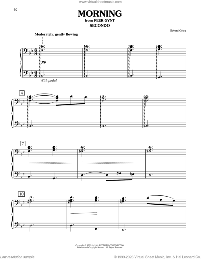 Morning sheet music for piano four hands by Edvard Grieg, classical score, intermediate skill level