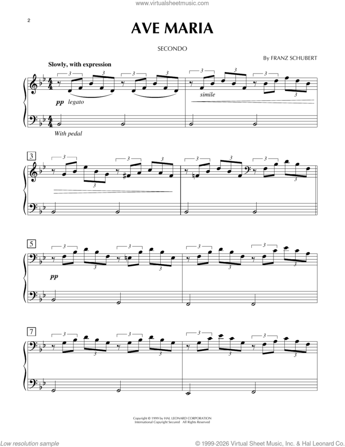 Ave Maria, Op. 52, No. 6 sheet music for piano four hands by Franz Schubert, classical wedding score, intermediate skill level