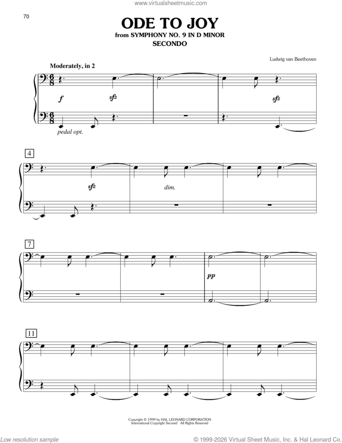 Ode To Joy sheet music for piano four hands by Ludwig Van Beethoven and Henry van Dyke, classical wedding score, intermediate skill level
