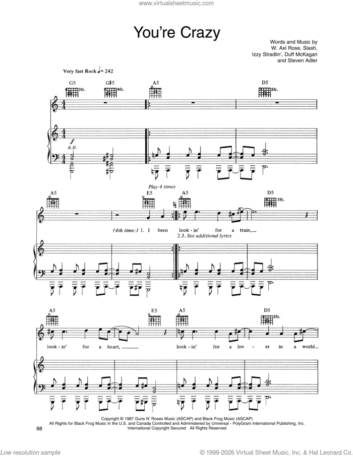 You're Crazy sheet music for voice, piano or guitar by Slash, Axl Rose, Duff McKagan and Steven Adler, intermediate skill level