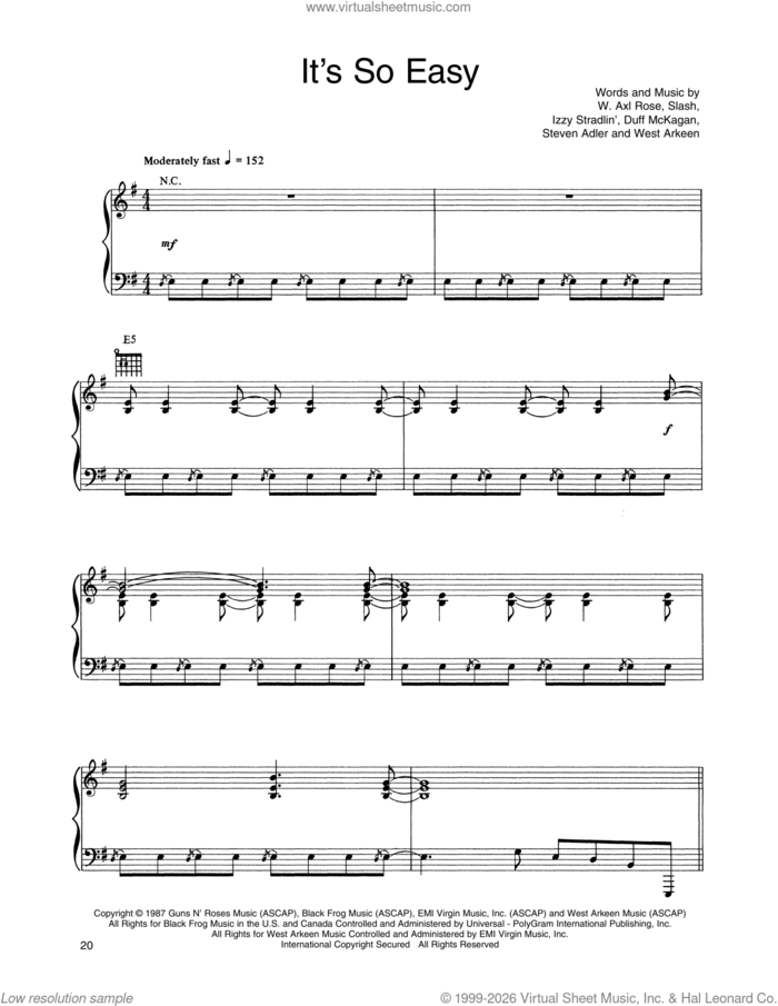 It's So Easy sheet music for voice, piano or guitar by Guns N' Roses, Aaron West Arkeen, Axl Rose, Duff McKagan, Slash and Steven Adler, intermediate skill level