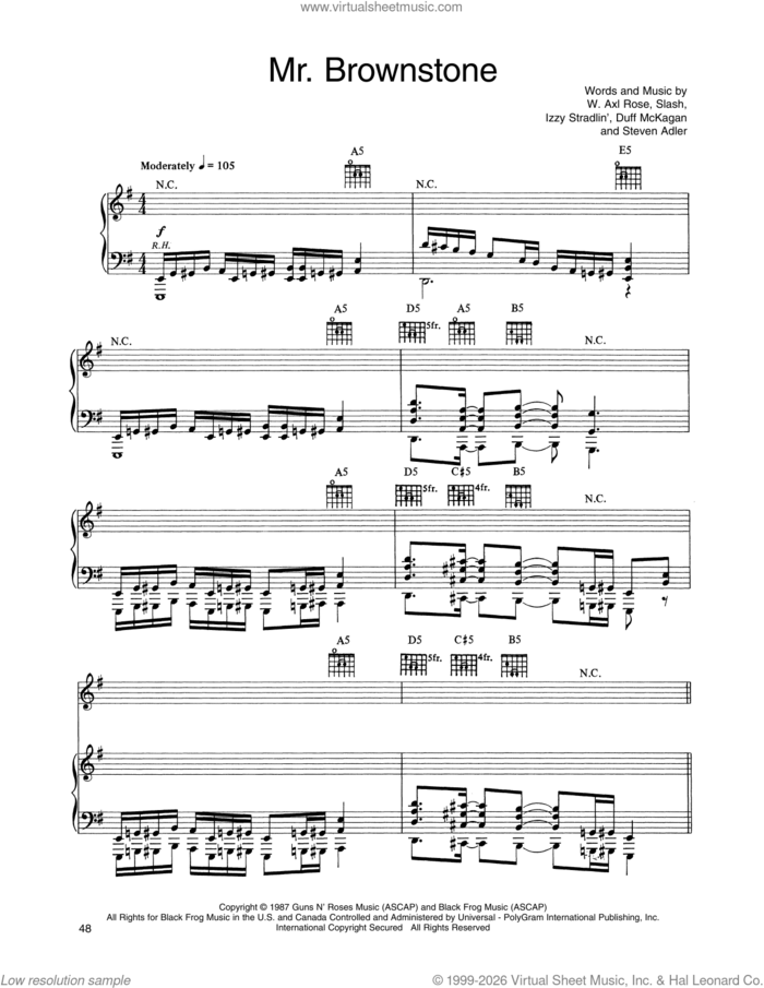 Mr. Brownstone sheet music for voice, piano or guitar by Guns N' Roses, Axl Rose, Duff McKagan, Slash and Steven Adler, intermediate skill level