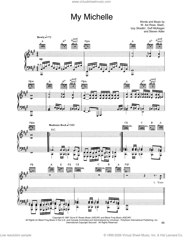 My Michelle sheet music for voice, piano or guitar by Guns N' Roses, Axl Rose, Duff McKagan, Slash and Steven Adler, intermediate skill level