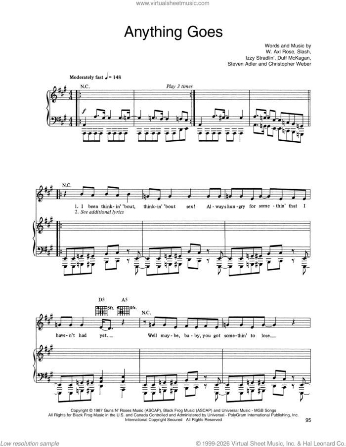 Anything Goes sheet music for voice, piano or guitar by Guns N' Roses, Axl Rose, Christopher Weber, Duff McKagan, Slash and Steven Adler, intermediate skill level