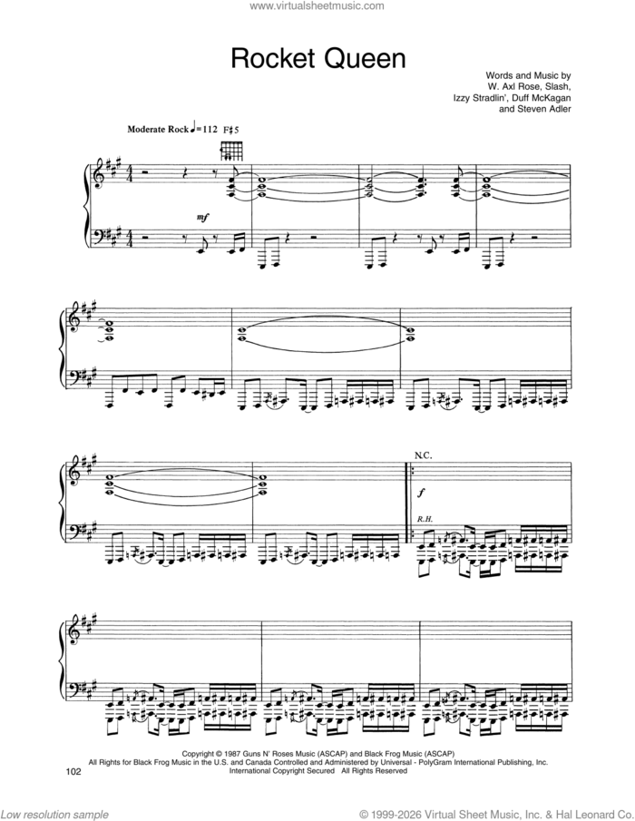 Rocket Queen sheet music for voice, piano or guitar by Guns N' Roses, Axl Rose, Duff McKagan, Slash and Steven Adler, intermediate skill level