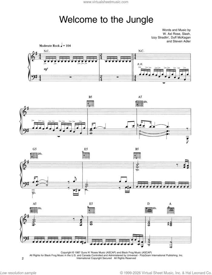 Welcome To The Jungle sheet music for voice, piano or guitar by Guns N' Roses, Axl Rose, Duff McKagan, Slash and Steven Adler, intermediate skill level