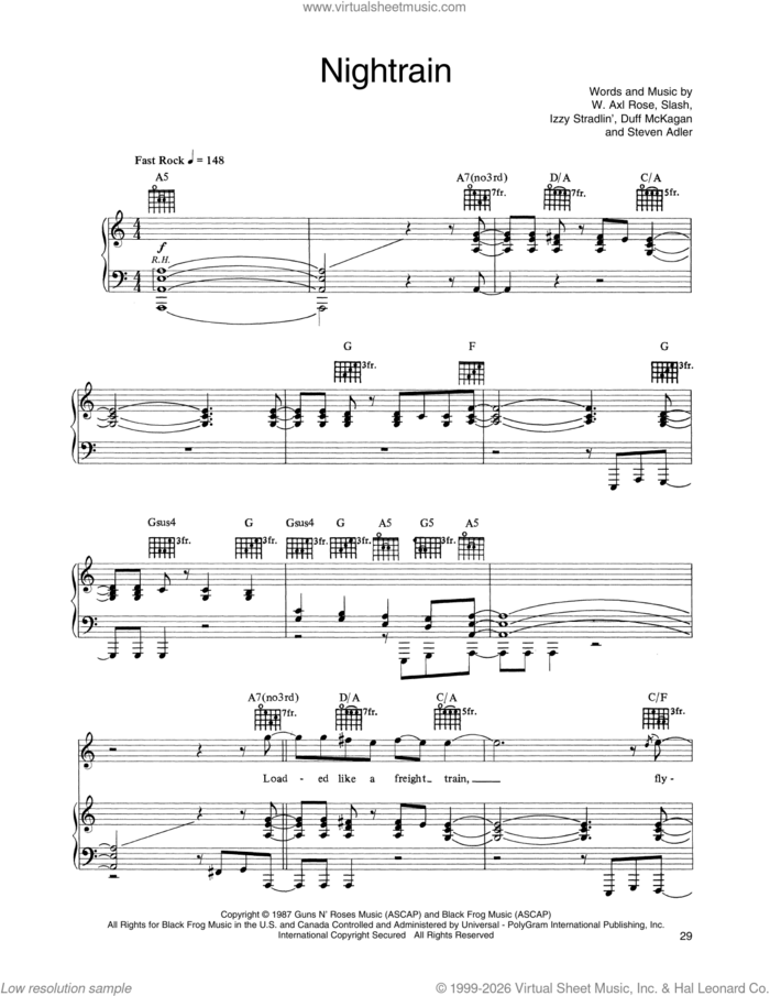 Nightrain sheet music for voice, piano or guitar by Guns N' Roses, Axl Rose, Duff McKagan, Slash and Steven Adler, intermediate skill level