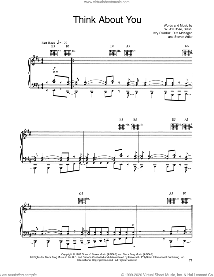 Think About You sheet music for voice, piano or guitar by Guns N' Roses, Axl Rose, Duff Mckagen, Slash and Steven Adler, intermediate skill level