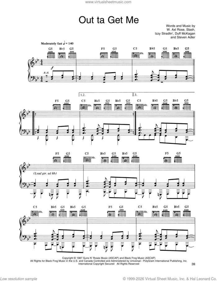 Out Ta Get Me sheet music for voice, piano or guitar by Guns N' Roses, Axl Rose, Duff Mckagen, Slash and Steven Adler, intermediate skill level