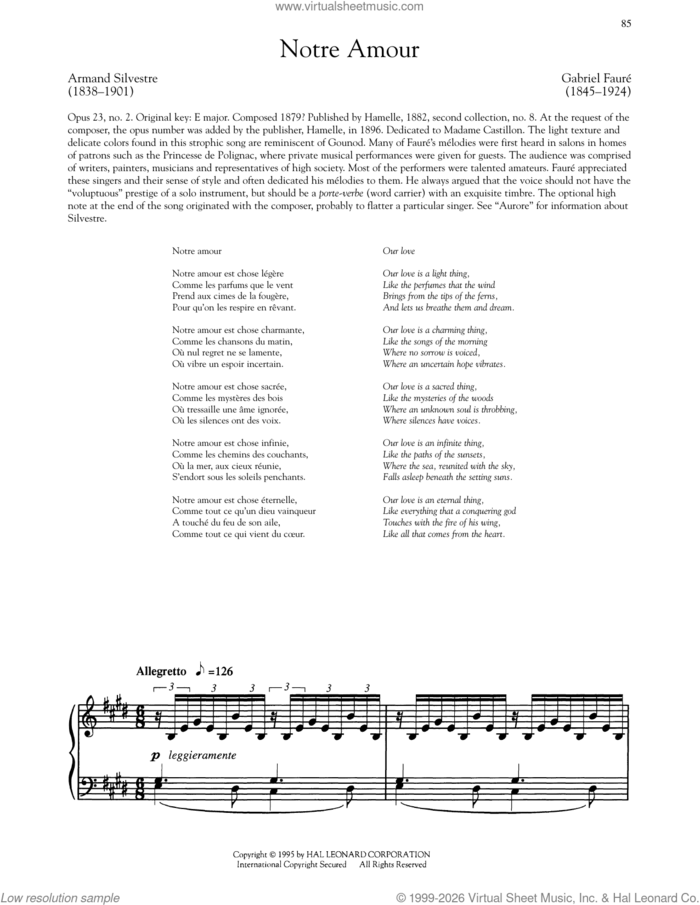 Notre Amour sheet music for voice and piano (High Voice) by Gabriel Faure and Armand Silvestre, classical score, intermediate skill level