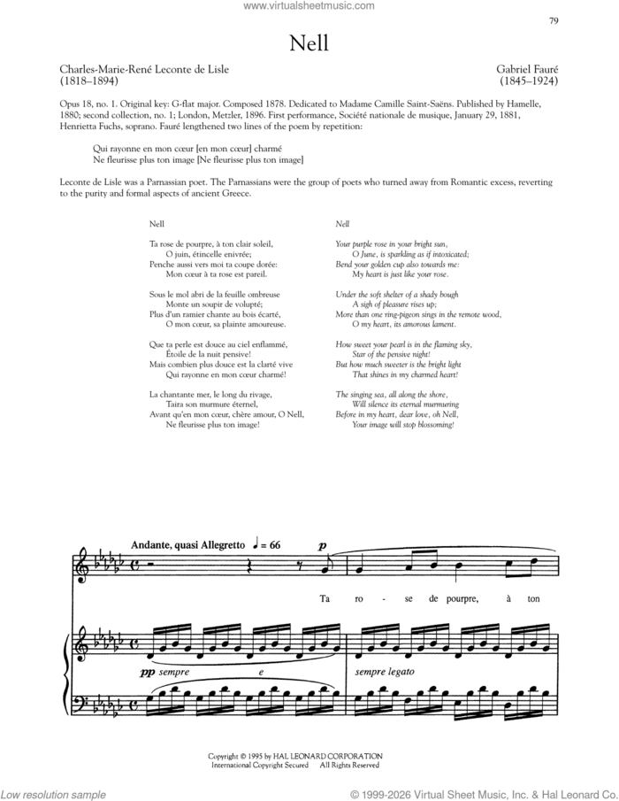 Nell sheet music for voice and piano (High Voice) by Gabriel Faure and Leconte de Lisle, classical score, intermediate skill level