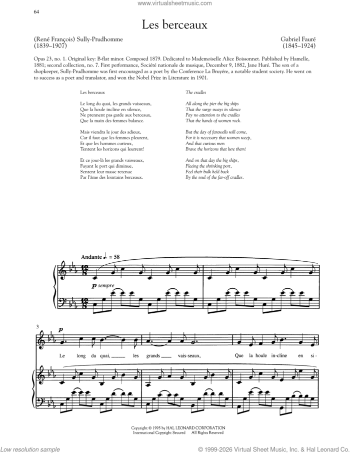 Les Berceaux sheet music for voice and piano (High Voice) by Gabriel Faure and Sully-Prudhomme, classical score, intermediate skill level