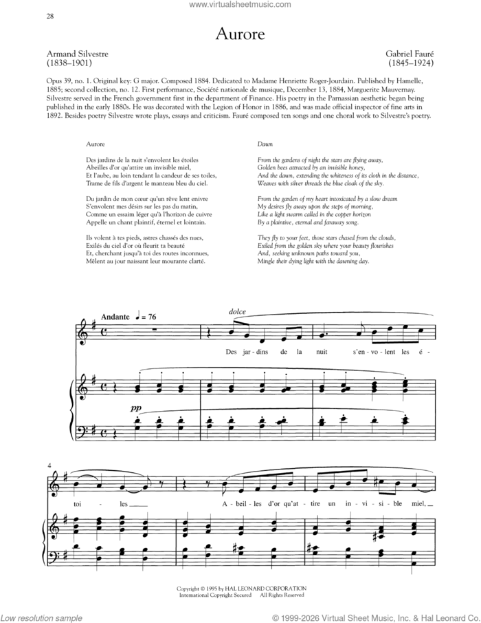 Aurore sheet music for voice and piano (High Voice) by Gabriel Faure and Armand Silvestre, classical score, intermediate skill level