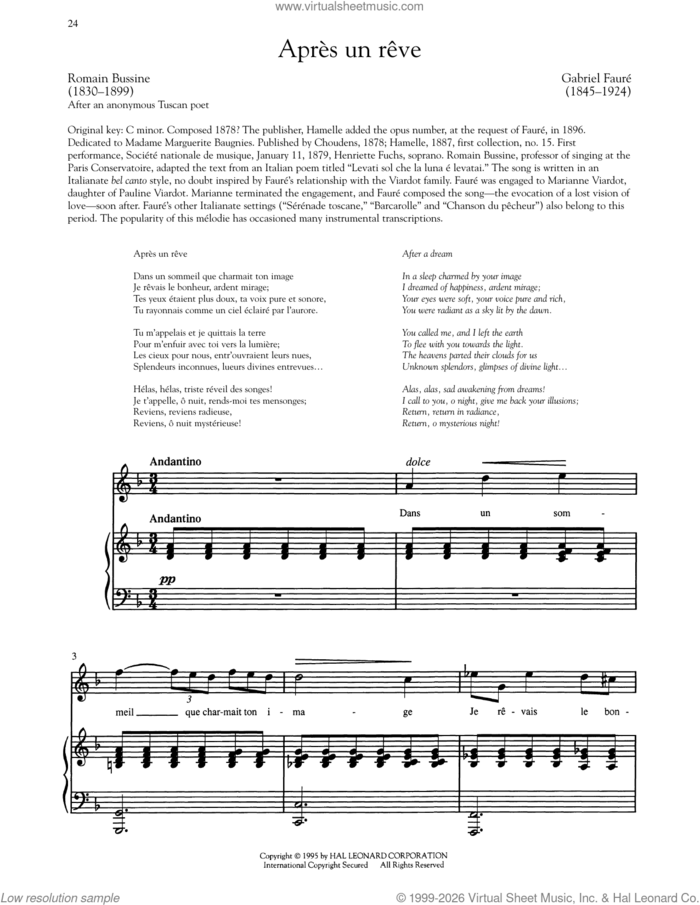 Apres Un Reve sheet music for voice and piano (High Voice) by Gabriel Faure and Romain Bussine, classical score, intermediate skill level