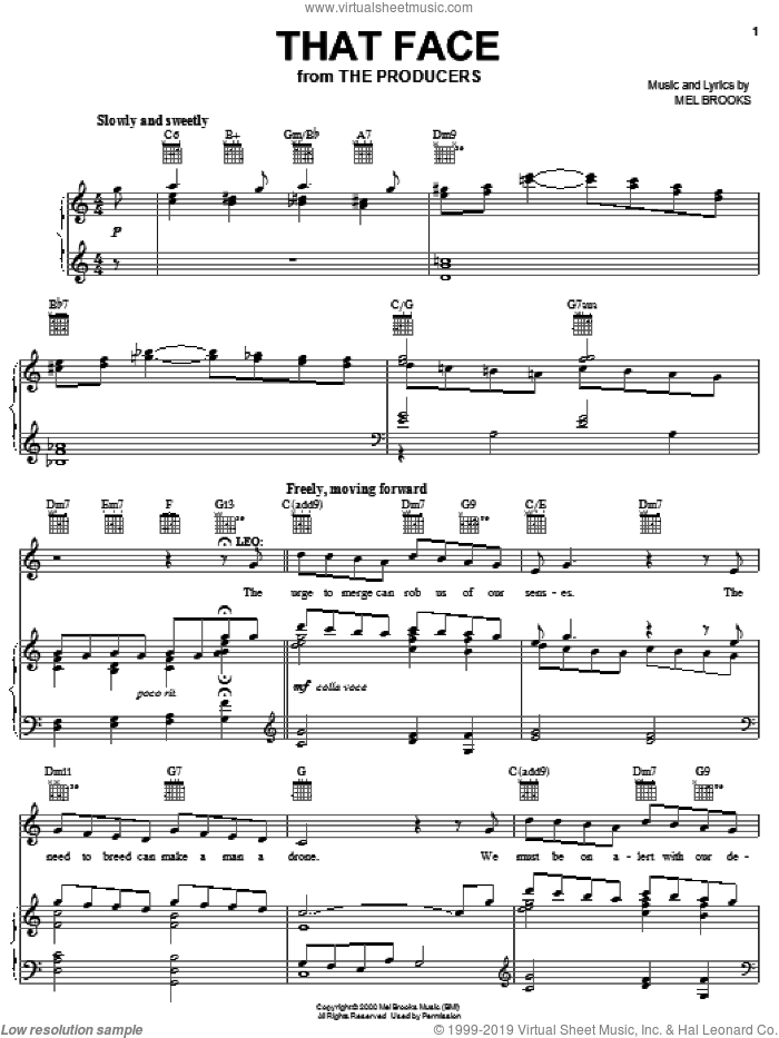That Face sheet music for voice, piano or guitar by Mel Brooks and The Producers (Musical), intermediate skill level