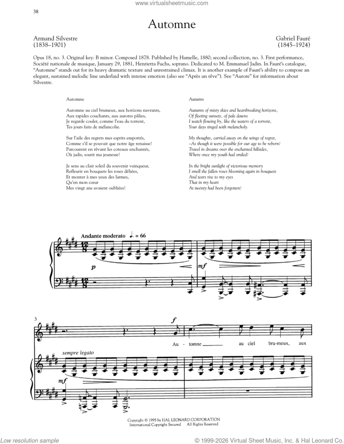 Automne sheet music for voice and piano (High Voice) by Gabriel Faure and Armand Silvestre, classical score, intermediate skill level