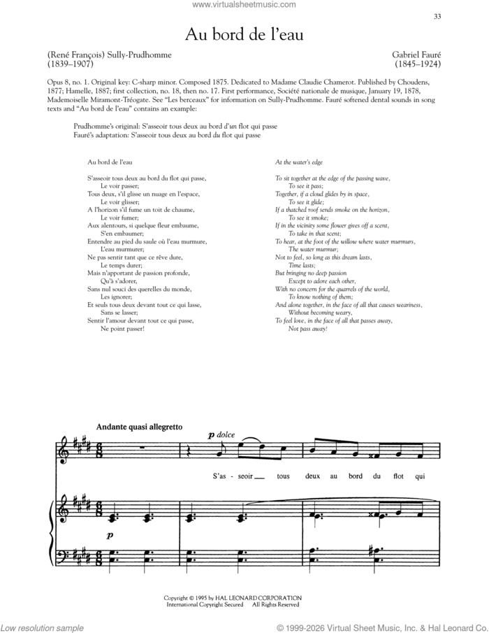 Au Bord De L'eau sheet music for voice and piano (High Voice) by Gabriel Faure and Sully-Prudhomme, classical score, intermediate skill level