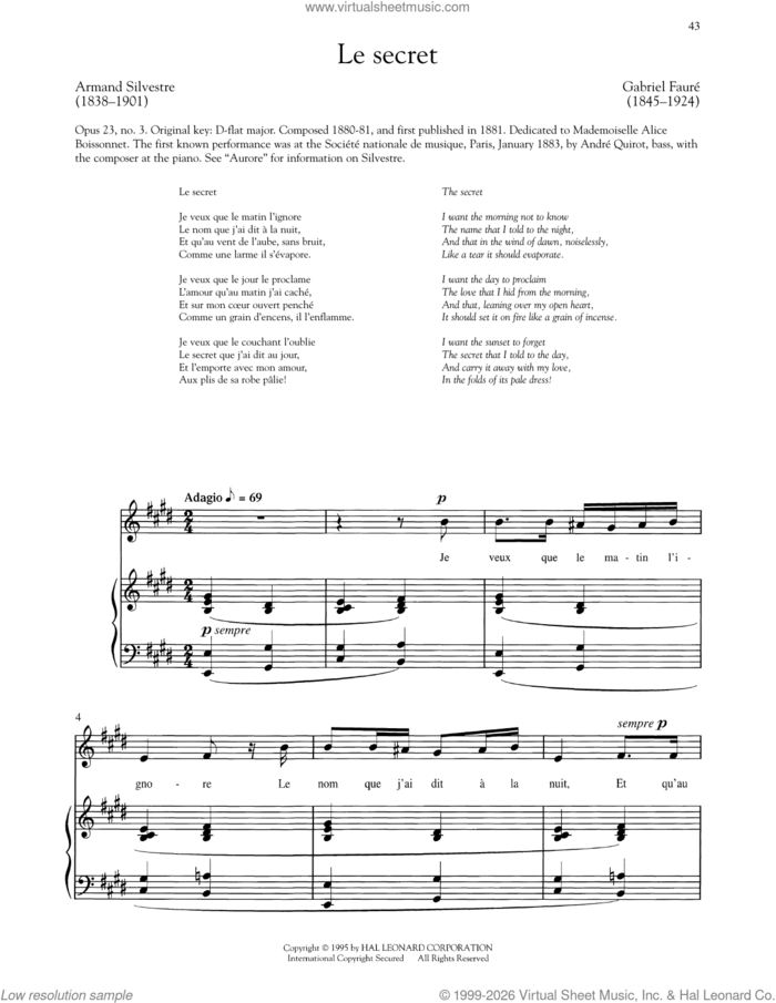 Le Secret sheet music for voice and piano (High Voice) by Gabriel Faure and Armand Silvestre, classical score, intermediate skill level
