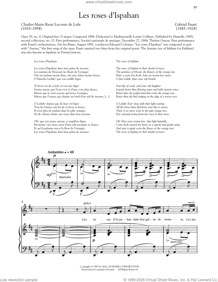Les Roses D'Ispahan sheet music for voice and piano (High Voice) by Gabriel Faure and Leconte de Lisle, classical score, intermediate skill level