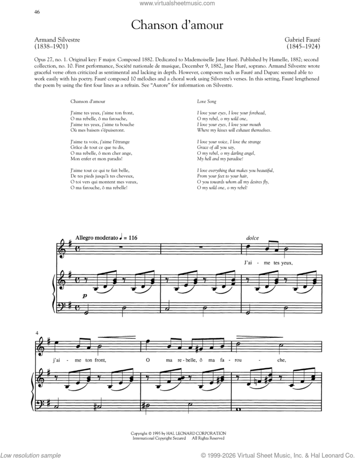 Chanson D'Amour sheet music for voice and piano (High Voice) by Gabriel Faure and Armand Silvestre, classical score, intermediate skill level