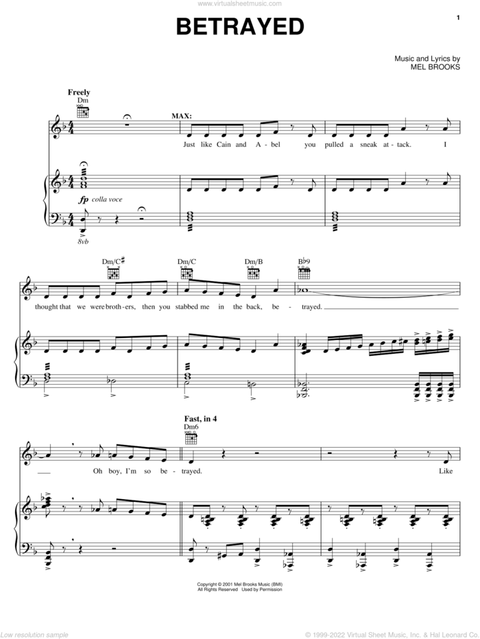 Betrayed sheet music for voice, piano or guitar by Mel Brooks and The Producers (Musical), intermediate skill level