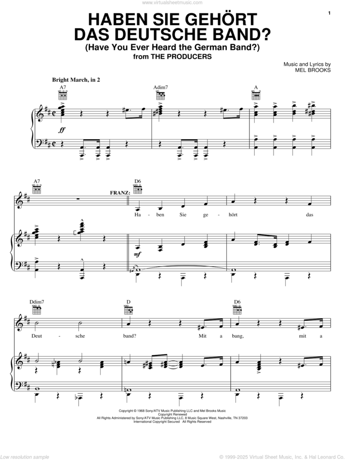 Haben Sie Gehort Das Deutsche Band? (Have You Ever Heard The German Band?) sheet music for voice, piano or guitar by Mel Brooks and The Producers (Musical), intermediate skill level