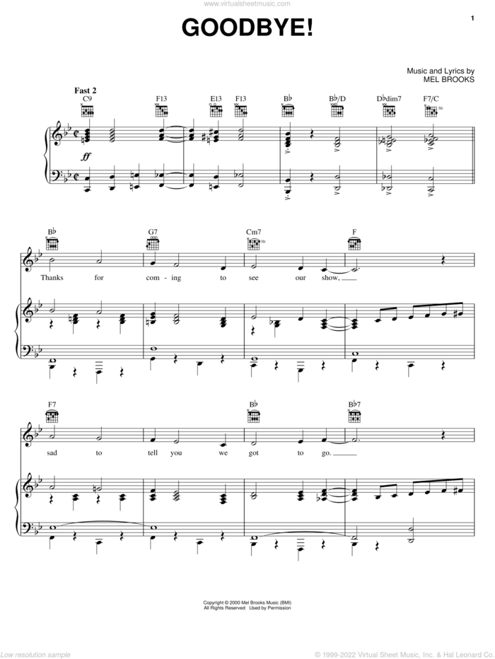 Goodbye! sheet music for voice, piano or guitar by Mel Brooks and The Producers (Musical), intermediate skill level