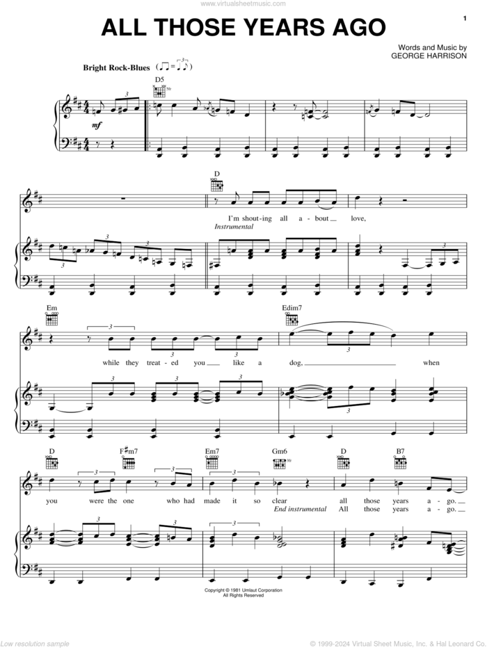 All Those Years Ago sheet music for voice, piano or guitar by George Harrison, intermediate skill level