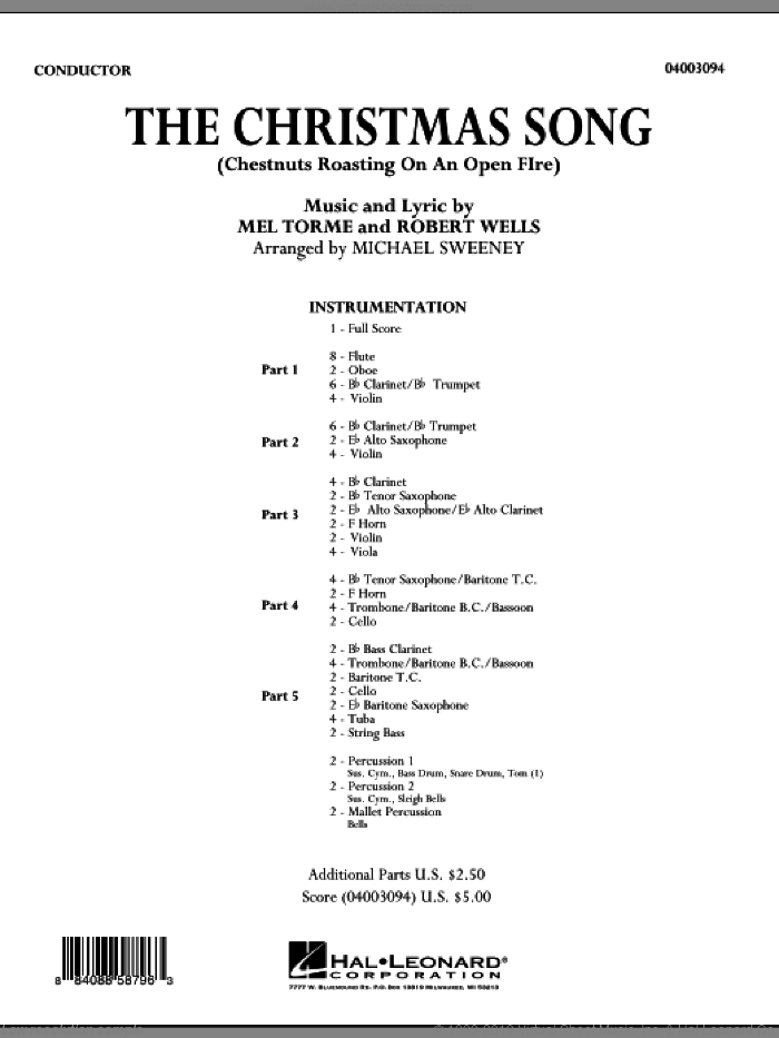 The Christmas Song (Chestnuts Roasting On An Open Fire) (COMPLETE) sheet music for concert band by Mel Torme, Robert Wells and Michael Sweeney, intermediate skill level