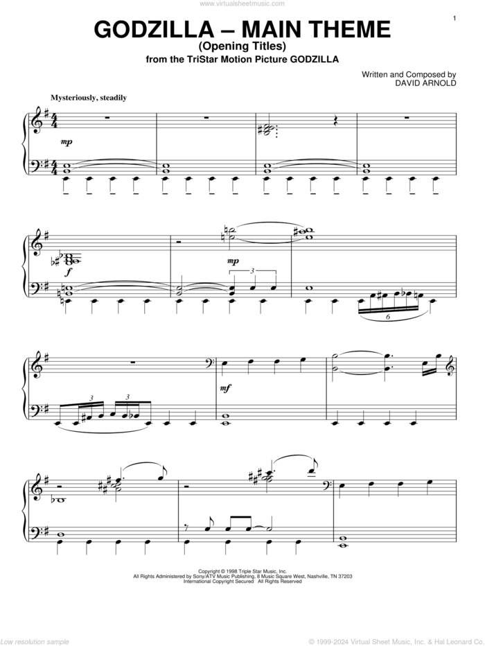 Godzilla - Main Theme (Opening Titles) sheet music for piano solo by David Arnold, intermediate skill level