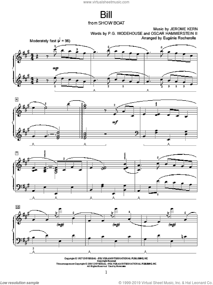 Bill sheet music for piano solo (elementary) by Jerome Kern, Eugenie Rocherolle, Miscellaneous, Show Boat (Musical), Oscar II Hammerstein and P.G. Wodehouse, beginner piano (elementary)