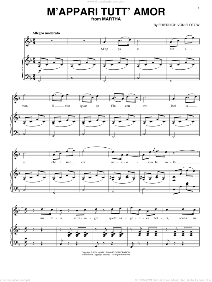 M'appari tutt'amor sheet music for voice and piano by Friedrich von Flotow, intermediate skill level