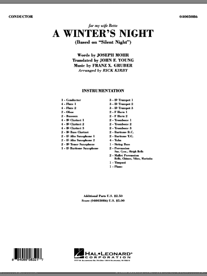 A Winter's Night (Based On 'Silent Night') (COMPLETE) sheet music for concert band by Franz Gruber, John F. Young, Joseph Mohr and Rick Kirby, intermediate skill level